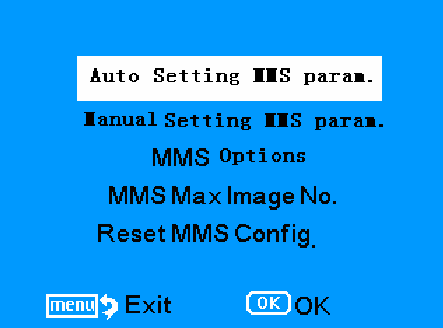 Parametr Auto Setting MMS param. (Ustawienie MMS automatycznie) Manual Setting MMS param. (Ustawienie MMS manualnie) MMS Options MMS Max Image No. Reset MMS Config.