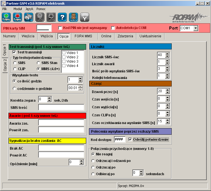 Instrukcja instalacji i obsługi: MGSM 4.0+/MGSM 4.0-PS+ v..0 PL 6.5. TEST TRANSMISJI Opcja pozwala na ustalenie sposobu testowania połączenia modułu z siecią GSM.