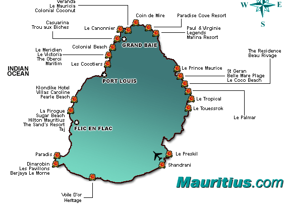 Ryc.17. Mapa najbardziej znanych hoteli na Mauritiusie. Źródło: www.mauritius.com 1.5.