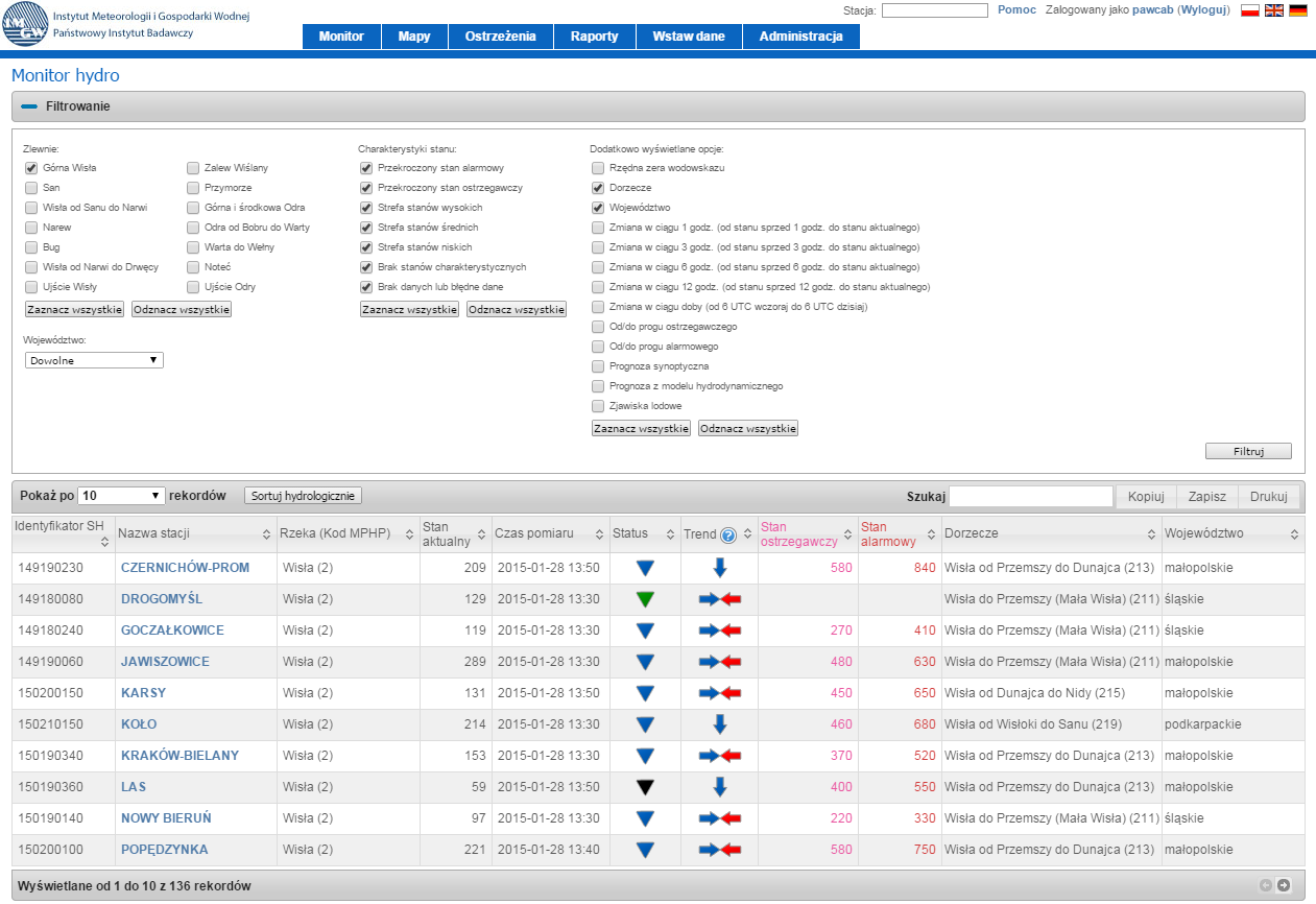 Widok listy stacji wodowskazowych Sytuacja opadowa Jednym z dostępnych elementów Monitora jest prezentowana na mapach dynamicznych sytuacja opadowa.