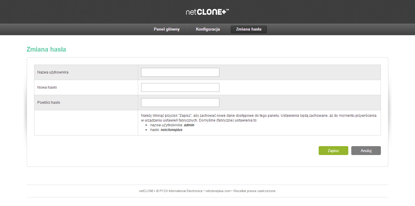 Obraz 6.1. Panel główny aplikacji konfiguracyjnej. Obraz 6.2. Formularz zmiany nazwy użytkownika i hasła dostępu.