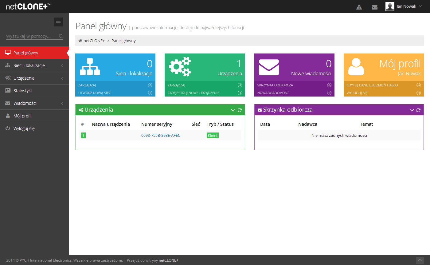 Obraz 8.1. Panel główny aplikacji panelu użytkownika www.panel.netcloneplus.com.