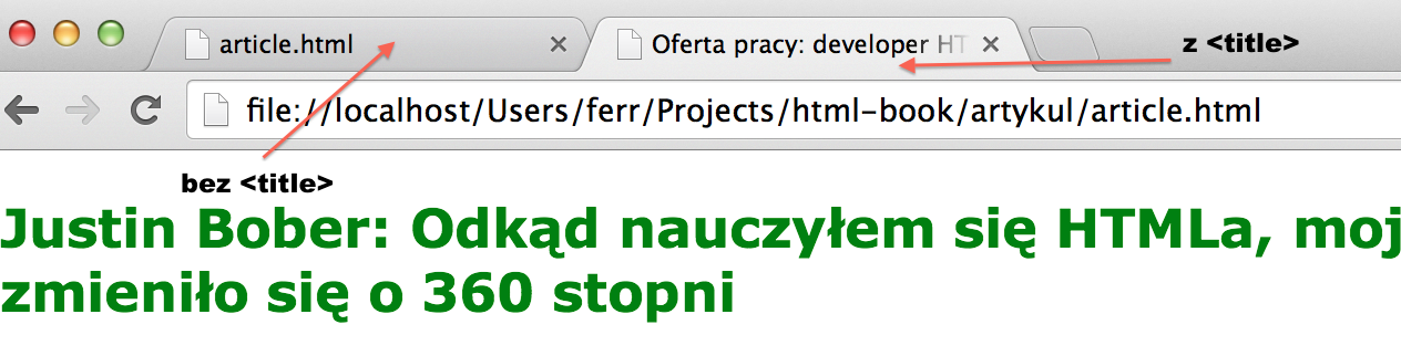 Na razie jest on pusty, jednak jak powiedziałem, można umieścić w nim m.in. tytuł całego dokumentu. Jako że tworzymy stronę z ofertą pracy, niech jej tytuł brzmi "Oferta pracy: developer HTML i CSS".