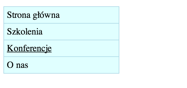 nav ul li a:hover { text-decoration: underline; Tym razem dodaliśmy go do linków (<a>). Selektor ten oznacza stan, kiedy najeżdżamy kursorem myszki na link.