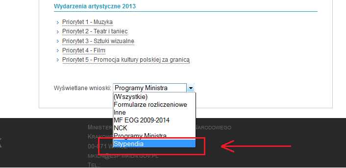 4. Po kliknięciu pola Wypełnij e-formularz pojawi się lista dostępnych wniosków w ramach Programów Ministra.