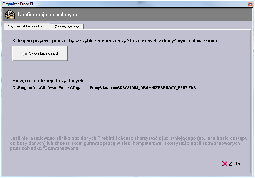 Jeśli program będzie instalowany tylko na jednym stanowisku skorzystaj z zakładki Szybkie zakładanie bazy i kliknij przycisk Stwórz bazę danych. Proces tworzenia bazy odbędzie się automatycznie.