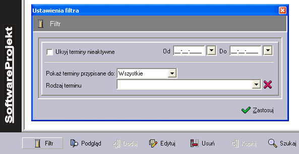 Najważniejszym filtrem w programie jest filtr statusów poszczególnych elementów w drzewie projektów. Za jego pomocą możemy ukryć w drzewie / raportach np. anulowane i zakończone zadania i projekty. 5.