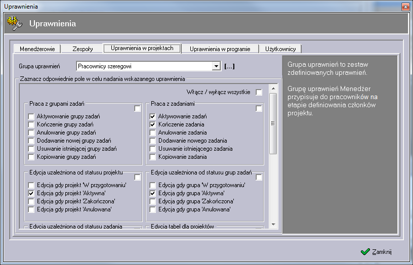 6.3.3 Edycja uprawnień w projektach Grupa uprawnień to zestaw zdefiniowanych uprawnień.