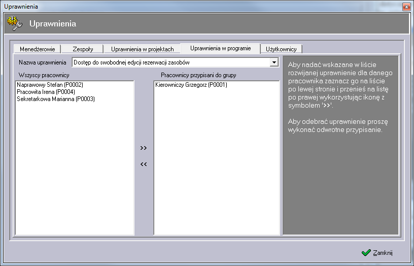 6.3.4 Edycja uprawnień w programie Uprawnienia w programie to grupa uprawnień dotyczących dostępu do pewnych globalnych funkcji programu takich jak rezerwacja zasobów, rejestr zleceń. 6.3.5 Zakładanie kont dostępu do programu Za pomocą tej funkcji zakładamy konta pracownikom w celu umożliwienia im dostępu do programu.
