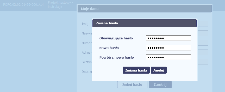 W otwartym oknie Moje dane możesz sprawdzić swoje dane wprowadzone do systemu na podstawie umowy/decyzji o dofinansowaniu, masz także dostęp do adresu elektronicznego administratora w instytucji.