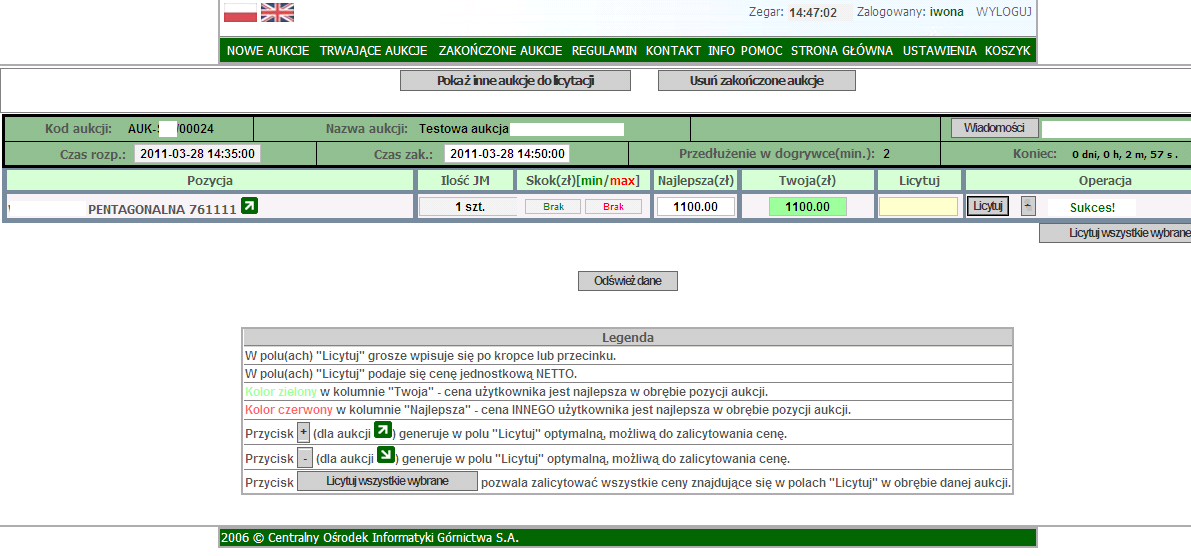 Widok po wysłaniu przez kontrahenta ceny: Przeprowadzane aukcje mają0 ustawiony parametr dogrywki (zwykle 2 minuty).