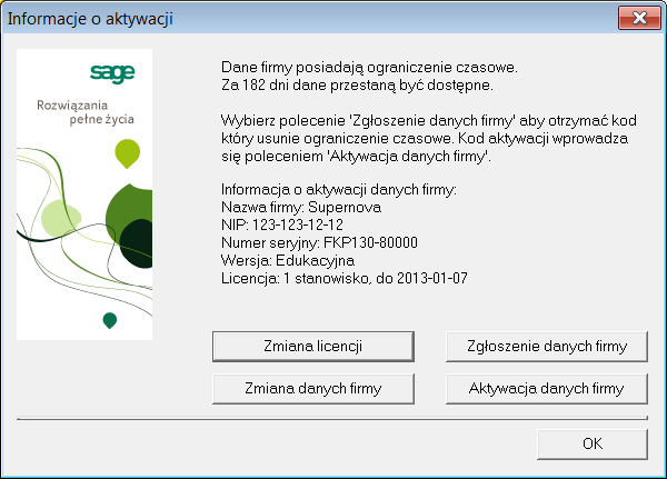 Aktywacja produktu 4 3 Aktywacja danych firmy Rys. 4-3 Informacje o aktywacji dla danych firmy.