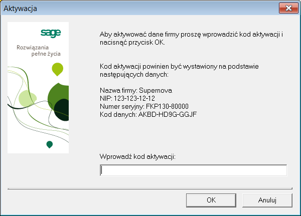 4 4 Aktywacja dla produktów firmy Sage sp. z o.o. Rys. 4-4 Aktywacja danych firmy.