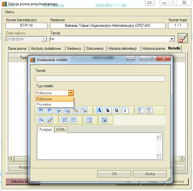Bardziej szczegółowy opis wybranych zmian: 1)Notatki publiczne/prywatne. Dodano opcję Notatki dla pism swobodnych i dla sprawy.