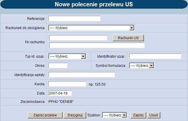 Należy wprowadzić następujące dane: Referencje w polu tym można wpisać dowolne literowe i/lub cyfrowe oznaczenie przelewu np. Przelew_US_PIT5.