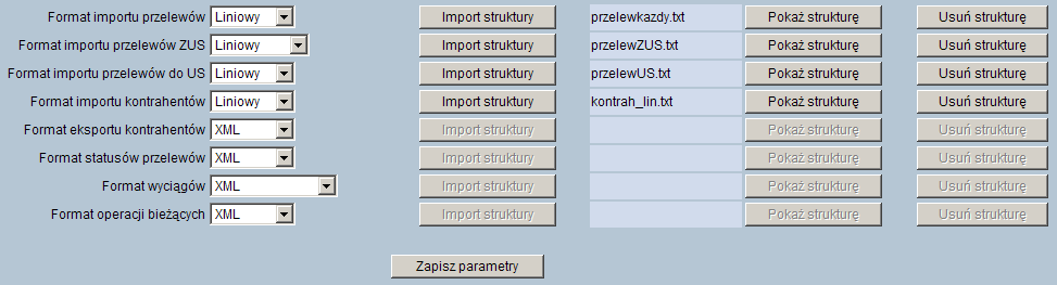 Wszystkie dostępne w aplikacji formaty to: XML Eliksir Liniowy VideoTel Płatnik MT940 Uwaga! Przy każdej pozycji importu lub eksportu wyświetlone są dostępne formaty dla danego typu.