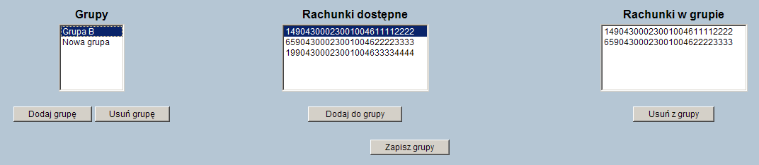 GRUPY RACHUNKÓW Aby prezentować informacje o kilku rachunkach w sposób syntetyczny można utworzyć grupę o dowolnej nazwie i przypisać jeden lub więcej rachunków do takiej grupy.