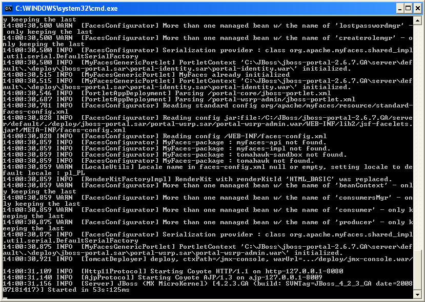 Następnie za pomocą tak skonfigurowanego pliku należy uruchomić serwer co przedstawia rysunek 38. Rysunek 38 Start serwera JBoss Po uruchomieniu serwera należy przegrać plik imwebclient.