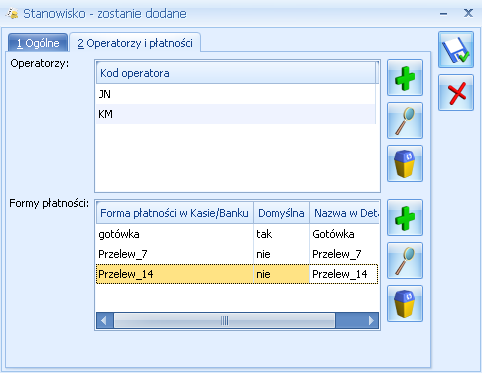 Rys. Stanowisko dla detalu, 2. Operatorzy i płatności Uwaga: Po wykonaniu pierwszej synchronizacji stanowiska Comarch ERP Optima Detal, blokowana jest możliwość jego usunięcia.