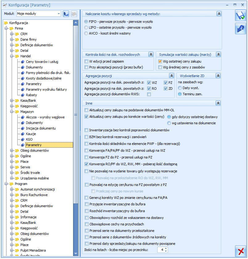 Rys. Parametry konfiguracyjne Magazynu Aktualizuj ceny zakupu na podstawie dokumentów MM - OL parametr odpowiada za aktualizację (zmianę) ostatniej ceny zakupu na karcie towaru.