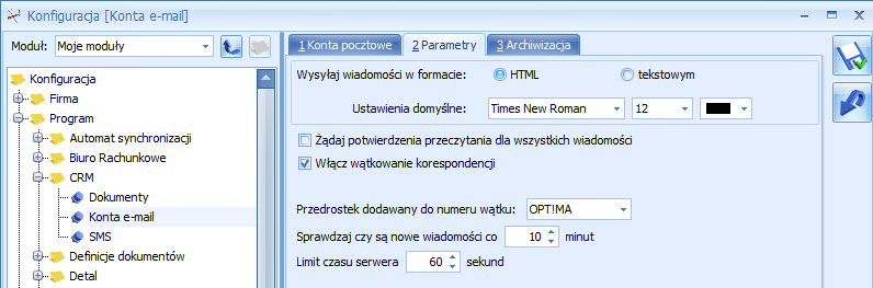 5.2.3.2.1 Lista kont Okno składa się z trzech zakładek: Konta pocztowe, Parametry oraz Archiwizacja. 1.