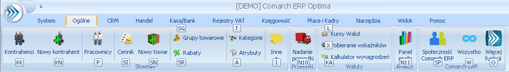 Pewne grupy menu występują zawsze, niezależnie od posiadanych modułów np. Ogólne, Kasa/Bank czy Narzędzia. Część funkcji w menu głównym zależy od posiadanych licencji. Np.