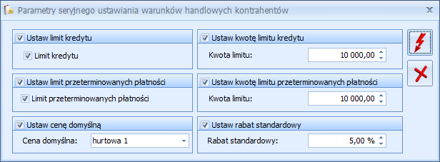 Rys. Parametry seryjnego ustawienia warunków płatności kontrahentów Ustaw warunki handlowe funkcja umożliwia ustawienie parametrów na formularzu kontrahenta na zakładce Handlowe odpowiednio w polach: