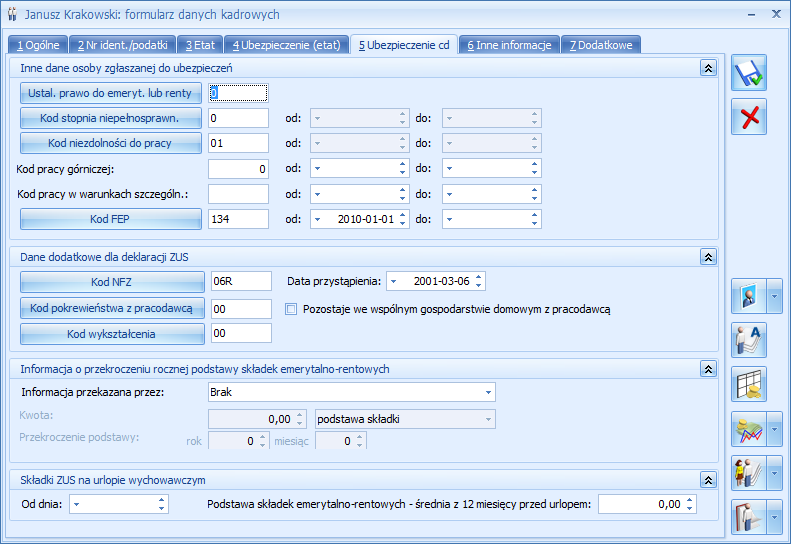 Rys. Formularz danych pracownika zakładka Ubezpieczenie cd 7.2.