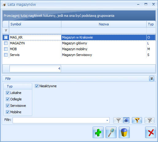 Rys. Lista magazynów Lista magazynów może być wyświetlana w zależności od o statusu. Zaznaczony parametr Nieaktywne powoduje wyświetlenie również magazynów nieaktywnych.