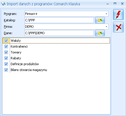 W chwili obecnej istnieje możliwość przeniesienia informacji z baz danych następujących programów: Firma++ (FPP) waluty, kontrahenci, towary, rabaty, definicje produktów, bilans otwarcia magazynu: