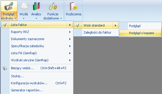 Rys. Wybór rodzaju podglądu wydruku z menu Podgląd wydruku jest realizowany w Acrobat Reader bądź w innym domyślnym programie do otwierania plików PDF, albo przez aplikację Czytnik (w przypadku