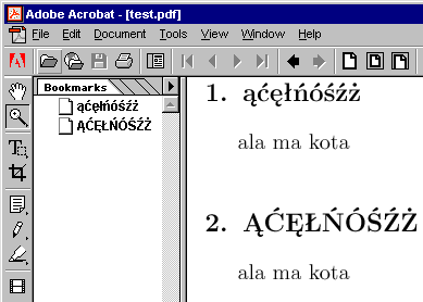 Rysunek 16: Sposób wyświetlania zakładek uzyskanych przy pomocy opcji unicode=true w programie Acrobat w systemie HPUX (po lewej) oraz w środowisku MS Windows (po prawej).