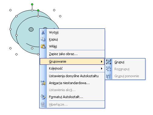 Aby zmienid kolejnośd zachodzących na siebie elementów graficznych, należy kliknąd prawym klawiszem myszy na wybrany obiekt i z menu kontekstowego wybrad: Przesuo na wierzch Przesuo pod spód Aby