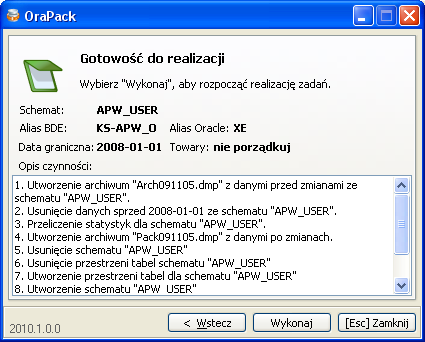 Wykonanie czynności odbudowania przestrzeni tablic i schematu oraz wczytanie obciętych danych spowoduje, że rozmiar zajmowanej przestrzeni w przypadku Oracle XE zostanie zmniejszony.