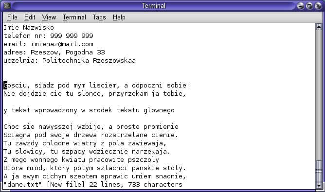 Rysunek 95. Podgląd pliku dane.txt 6. Na koniec pliku wstaw zawartość wcześniej utworzonego pliku tekstowego, polecenie :r nazwa_pliku.txt; Rysunek 96. Połączenie obu plików 7.