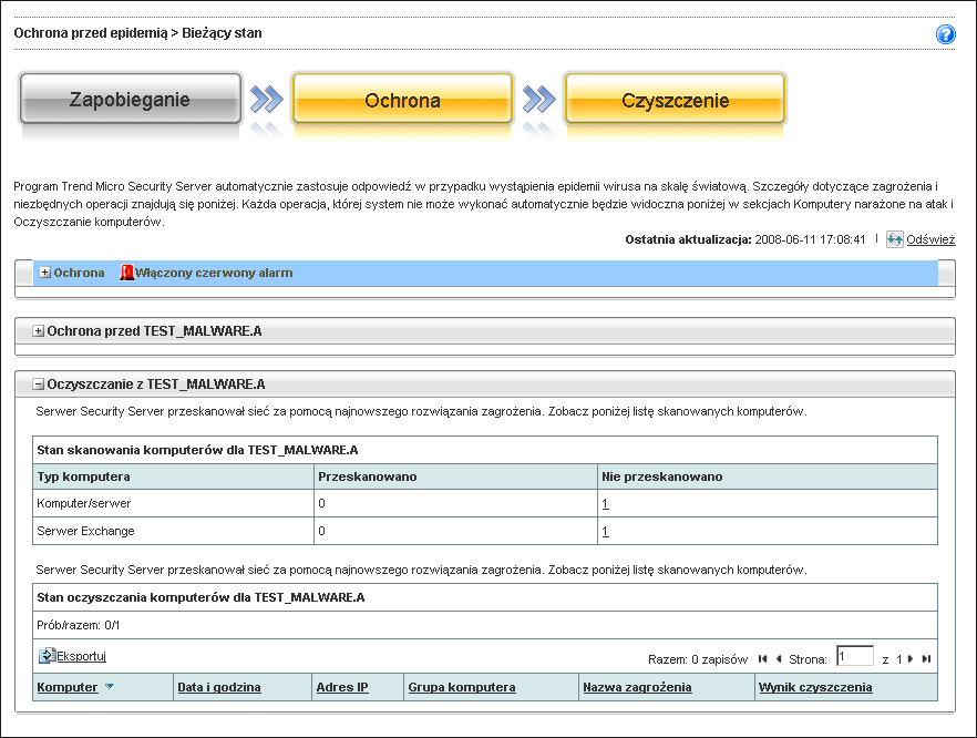 Korzystanie z funkcji Ochrona przed epidemią Czyszczenie zagrożeń Na etapie czyszczenia zagrożeń na ekranie Bieżący stan wyświetlany jest stan skanowania, które odbywa się po wdrożeniu