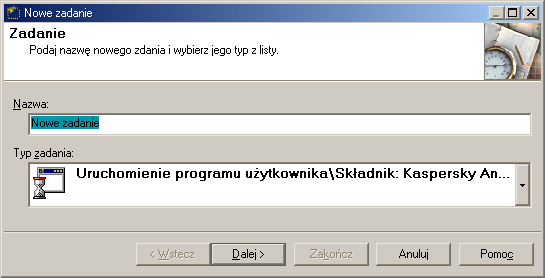 KASPERSKY ANTI-VIRUS Rysunek 88. Okno Zadanie Dostępne są następujące typy zadań: testowanie dysku i pamięci uruchamianie skanera antywirusowego z indywidualnymi ustawieniami dla każdego zadania.