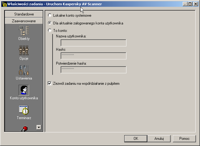 KASPERSKY ANTI-VIRUS Konfiguracja konta może być wykonana w oknie Konto użytkownika (Rysunek 98). Rysunek 98.