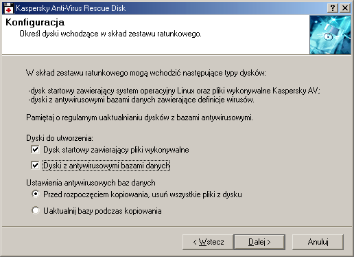 KASPERSKY ANTI-VIRUS Rysunek 105. Okno dialogowe Witamy w Kreatorze tworzenia zestawu dyskietek ratunkowych Aby kontynuować należy kliknąć przycisk Dalej. Rysunek 106.