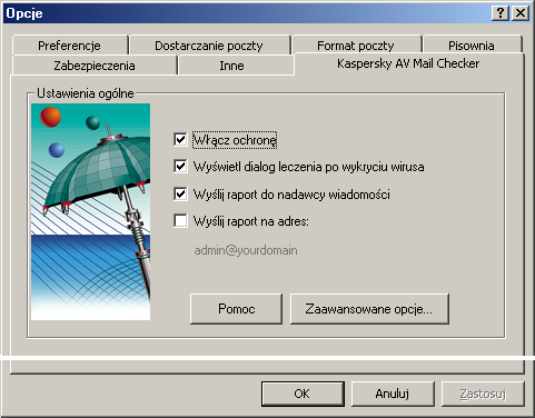 KASPERSKY ANTI-VIRUS usunięcie zainfekowanej wiadomości; dodanie do zainfekowanej wiadomości tekstu określonego przez użytkownika; dodanie do niezainfekowanej lub wyleczonej wiadomości tekstu