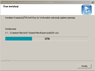 KASPERSKY ANTI-VIRUS Instalator rozpocznie kopiowanie plików. Postęp w kopiowaniu plików można śledzić w oknie dialogowym Stan instalacji ( Rysunek 9). Rysunek 8.