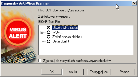 KASPERSKY ANTI-VIRUS Rysunek 22. Okno dialogowe umożliwiające podjęcie działania w przypadku wykrycia zainfekowanego obiektu 3.4.1.