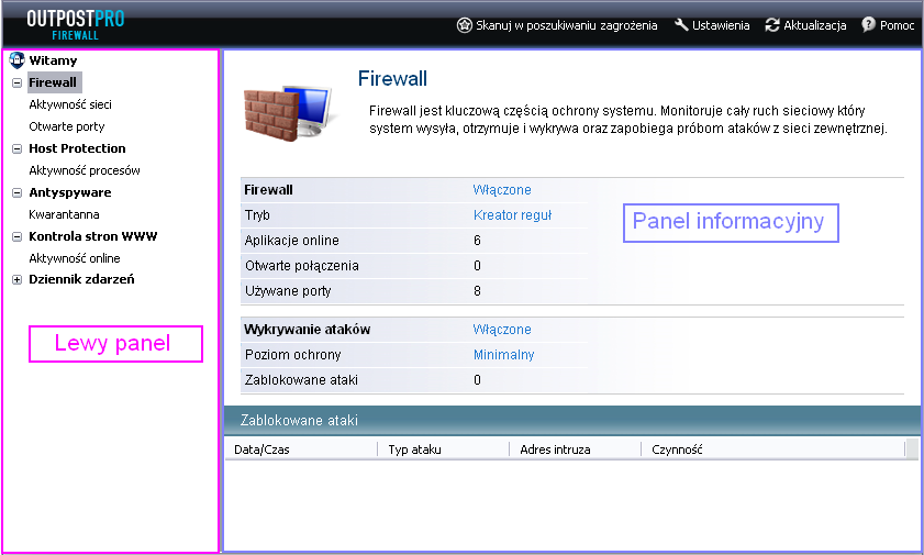 Wygląd paska narzędzi: Przyciski paska narzędzi: Uruchamia skanowanie systemu Otwiera ustawienia programu Outpost Firewall Pro Pobiera najnowsze aktualizacje programu Otwiera okno pomocy 2.