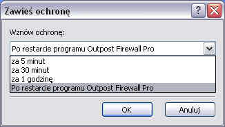 Zawieszanie ochrony Program Outpost Firewall Pro pozwala na tymczasowe zawieszanie ochrony na określony czas.