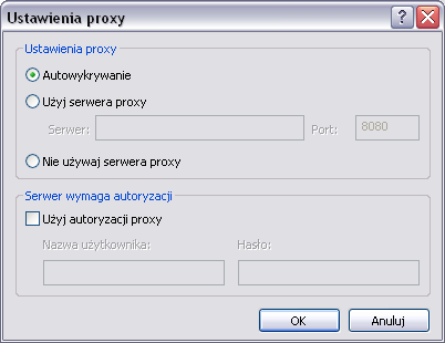 domyślna, ale moŝesz zdefiniować serwer i numer portu. Aby to zrobić, naleŝy wybrać opcję UŜyj serwera proxy w oknie Ustawienia proxy i wpisać nazwę serwera i numer portu.