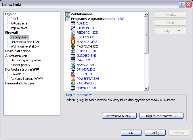 5.3.1. Zarządzanie listą programów Podczas konfiguracji programu, wykrywane są wszystkie zainstalowane programy i tworzone są reguły zgodnie z wbudowanymi szablonami.