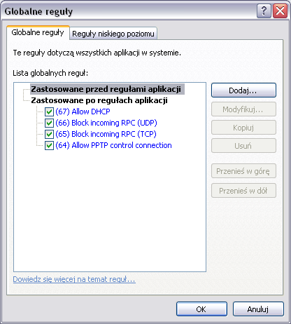 MoŜesz dodawać, modyfikować oraz usuwać globalne reguły w taki sam sposób jak reguły aplikacji. Wybrane reguły są aktywne (włączone) oraz wykonywane przez firewall.