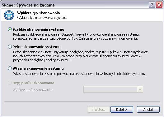 Outpost Firewall Pro w celu wyszukania zagroŝeń. Aby to zrobić, uruchom Skaner na Ŝądanie naciskając przycisk Skanuj w poszukiwaniu Spyware na pasku narzędzi.