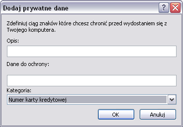 Naciśnij Dodaj, w oknie Dodaj prywatne dane zdefiniuj następujące parametry: Opis - opis, który będziesz mógł rozpoznać później, aby zidentyfikować ciąg.