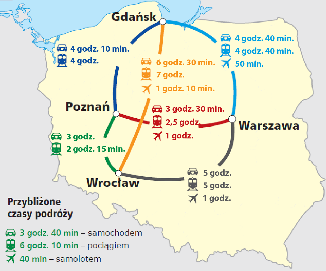 Rysunek 4 - Przybliżone czasy podróży pomiędzy miastami gospodarzami Euro 2012 podczas Turnieju Zadania na I połowę 2012 r.